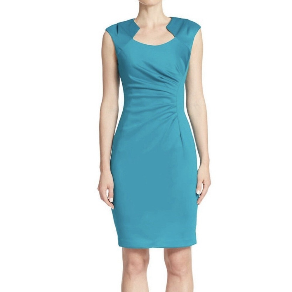 Calvin‎ Klein Teal Side Ruched Horseshoe Neck Sleeveless Crepe Sheath Dress 6